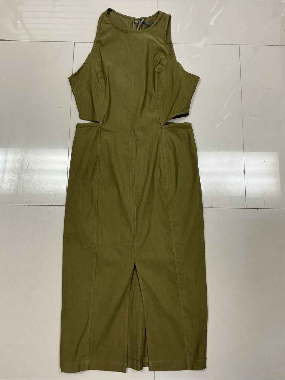 NWT Anthropologie Linen Blend Midi Dress Side Cutouts Moss Green Large